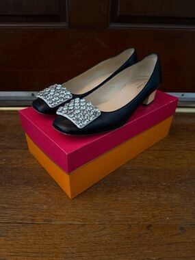 kate spade Black Leather Flats with Jeweled Buckles